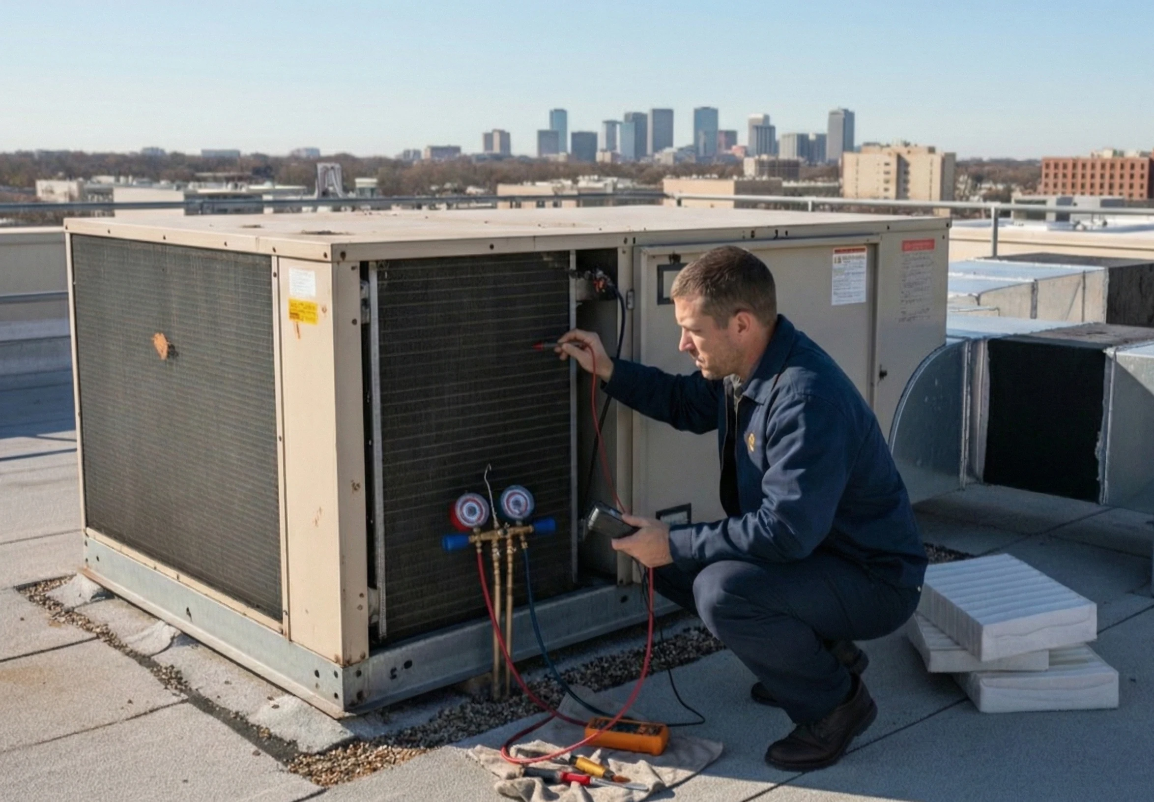 The owner of AC by Sam LLC providing commercial HVAC services on a Phoenix rooftop.